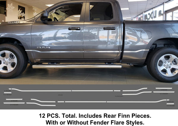 2019-Up Dodge Ram 1500 (Quad Cab) (With Flares) 12 PC. Chrome Accent Trim Package Chrome Trim Luxwood Trim   